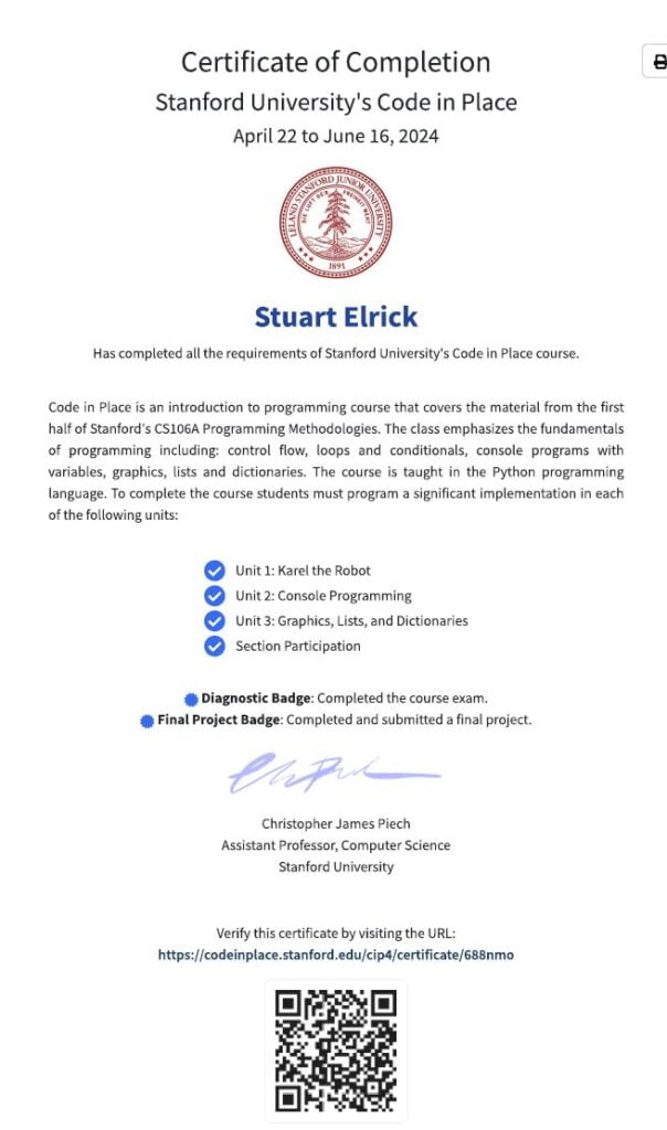 Python Software Development at Stanford University: Certificate